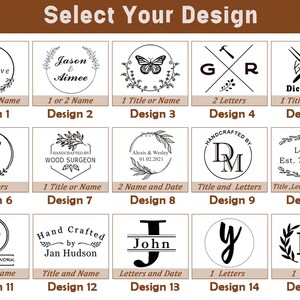 May include: A selection of design options for personalized items. The designs include monograms, names, dates, and logos. The text includes "Select Your Design" at the top and various design names and numbers.