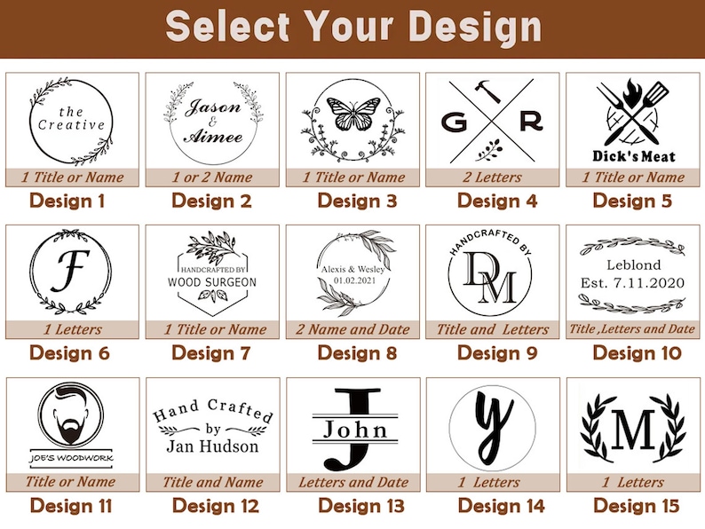 May include: A selection of design options for personalized items. The designs include monograms, names, dates, and logos. The text includes "Select Your Design" at the top and various design names and numbers.