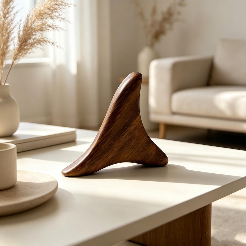 May include: A dark brown wooden sculpture with a unique, abstract shape, resembling a stylized fin or wing. The sculpture is placed on a light-colored table, with natural light illuminating its smooth, polished surface. The piece adds a touch of modern art to the room.