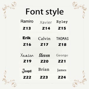 May include: A cream-colored graphic displays the words "Font style" above a grid of names and corresponding numbers. The names include Ramiro, Xavier, Ryley, Erik, Calvin, Thomas, Steven, George, Juan, Brian, and James.