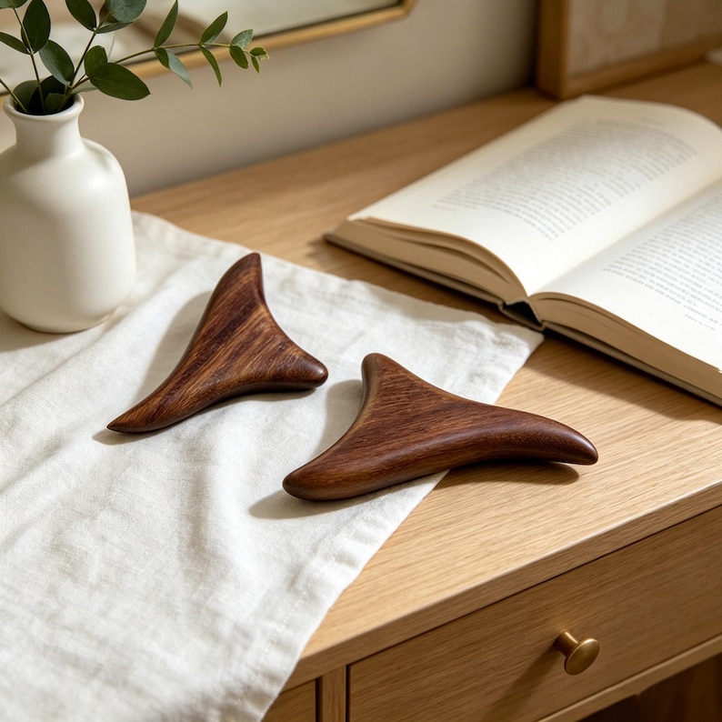 May include: Two wooden gua sha tools with a smooth, curved design. The tools are a rich brown color and rest on a white cloth. A vase with greenery and an open book are in the background.