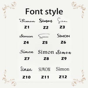 May include: A cream-colored graphic with the text "Font style" at the top. Below are 12 font style examples, each displaying the name "Simon" in various styles, labeled Z1 through Z12. The fonts range from elegant scripts to bold sans-serifs.