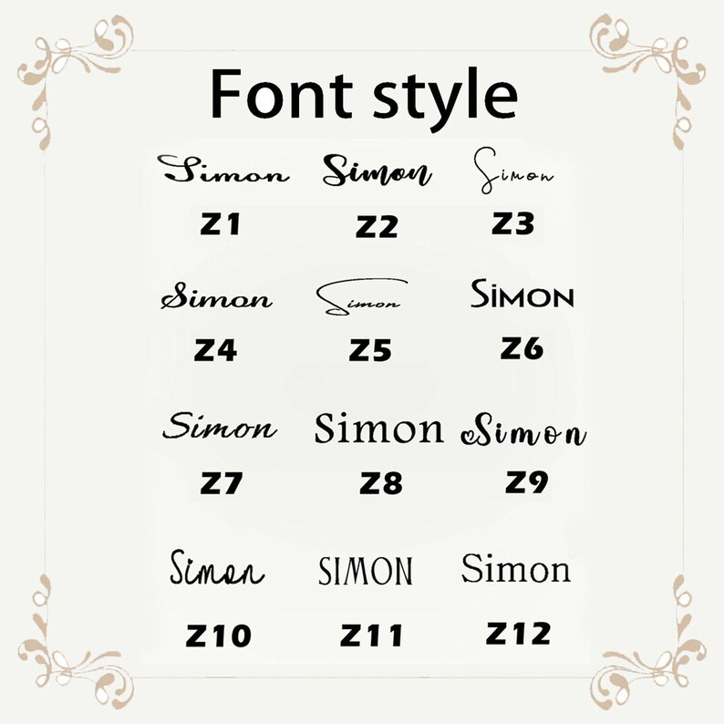 May include: A cream-colored graphic with the text "Font style" at the top. Below are 12 font style examples, each displaying the name "Simon" in various styles, labeled Z1 through Z12. The fonts range from elegant scripts to bold sans-serifs.