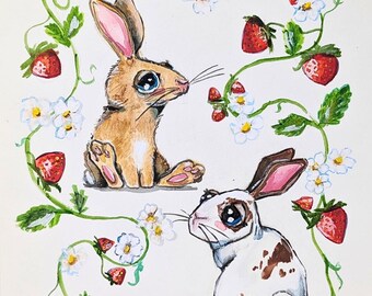 Rabbit Watercolor Art Print/ Quirky Bunny & Strawberry Floral Wall Art/8x10 Fine Art Print
