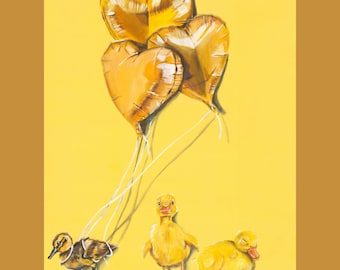 Lámina artística de patito / Decoración de pared con globo de pajarito caprichoso / Lámina de arte de 5x7 pulgadas