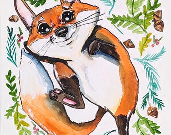 Fox Watercolor Art Print/  Whimsical Animal Floral Wall Art/ 8x10 Print