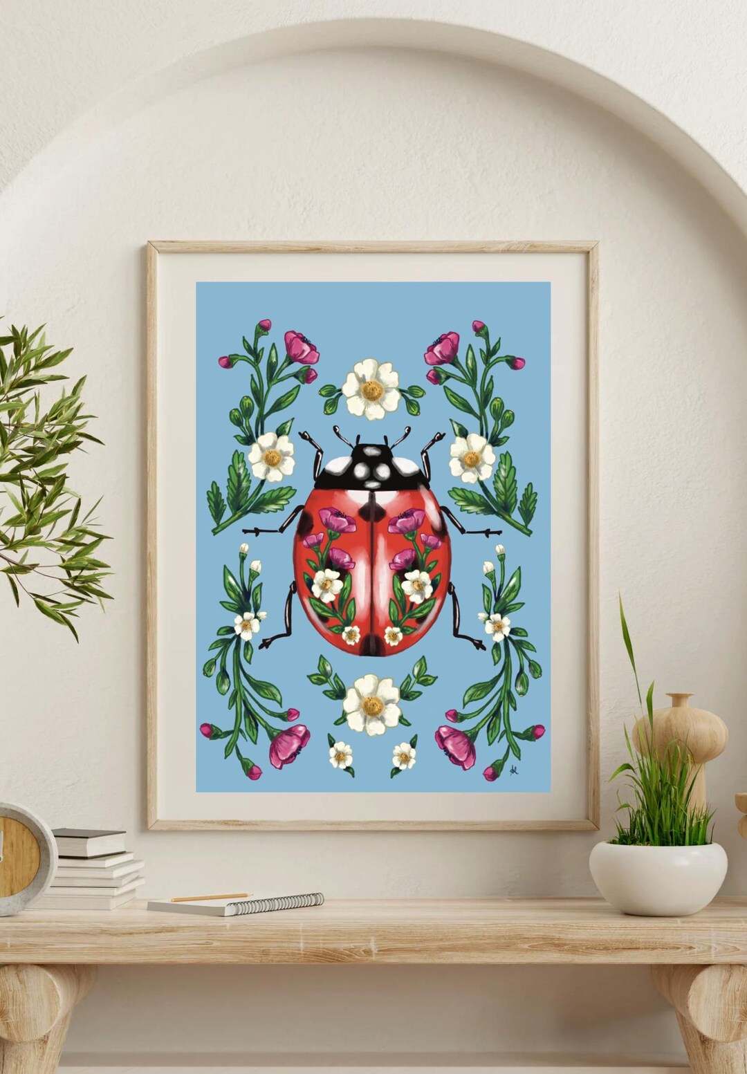 Ladybug Art Print/ Whimsical Floral Bug Wall Art/ Digital 8x10 Fine Art ...