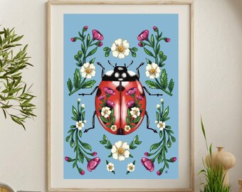 Ladybug Art Print/ Whimsical Floral Bug Wall Art/ Digital 8x10 Fine Art Print