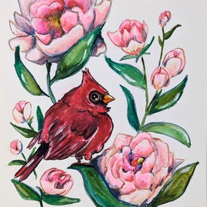 Impresión artística de acuarela de cardenal: ave y flor del estado de Indiana