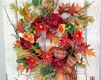 Elegant Fall Rose & Daisy Mum Wreath | Fall Door Decor | Front Door Wreaths | Best Seller Fall Outdoor Wreaths | Fall Silk Flower Wreath