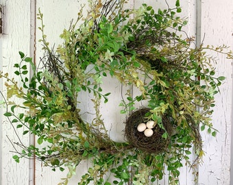 Every Day Wreath with Bird's Nest 24", Front Door Decor, Mixed Greenery Spring Wreath for Front Door