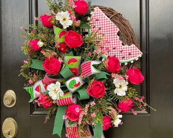 Red Rose Watermelon Slice Wreath on Grapevine for Front Door, Natural Look Artificial Flower Summer Door Wreath