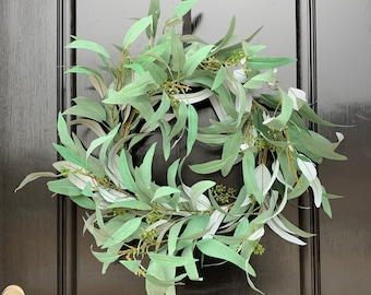 Simple Artificial Narrow Long Leaf Eucalyptus Wreath Color Sage 24", Minimalist All Greenery  Rustic Year Round Door Wreath, Gift for Client