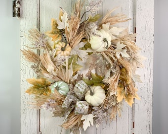 Artificial Cream Fall Wreath with Pumpkins Maple Leaves Corn Husk | Cream Autumn Maple Leaf Door Wreath | Boho Fall Wreath