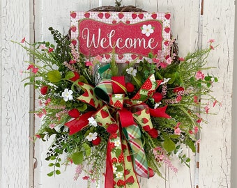 Delightful Strawberry Wreath for Front Door | Red Pink Vibrant Summer Home Decor | Rustic Fruit Wreath for Kitchen