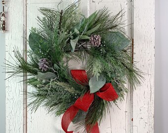 Artificial Sage, Eucalyptus & Cedar Wreath 24", Winter Cedar Wreath, Realistic Greenery Wreath for Holiday, Farmhouse Mantle Wreath with Bow