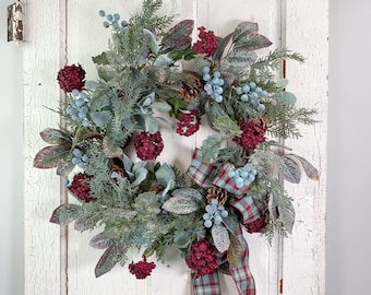 Elegant Blue Winter Wreath for Front Door, Fall Lambs Ear Wreath, Burgundy Hydrangea Wreath, Simple Blue Wreath After Christmas