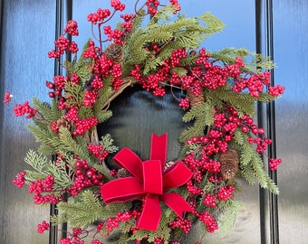 Vibrant Artificial Cedar Pine Red Berry Winter Wreath for Door Mantle Over Mirror, Gift for Clients, Behind Screen Holiday Christmas Decor