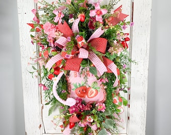 Floral Strawberry Teardrop Swag Wreath for Front Door, Pink Summer Fruit Wreath