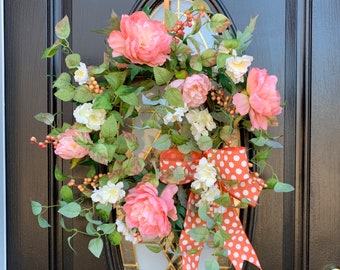 Coral Garden Peony Wreath on Grapevine for Front Door, Wedding or Showers  | Rustic Summer Wreath