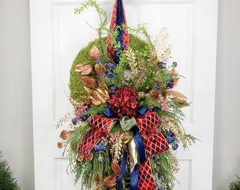 Elegant Christmas Designer Wreath for Front Door, Burgundy and Blue Holiday Moss Wreath with Realistic Looking Hydrangea and Protea