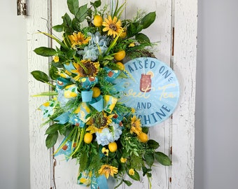 Summer Sunflower Sweet Tea Grapevine Lemon Wreath for Front Door, Southern Wreath for Porch, Designer Wreaths