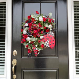 Ladybug Wreath for Front Door With Red Poppies, Summer Southern High ...