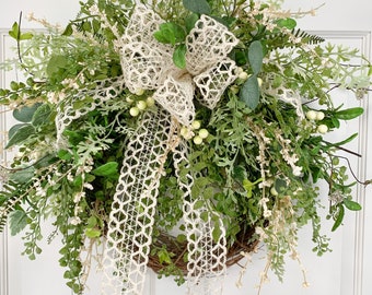 All Greenery Year Round Wreath for Front Door, Airy Wedding Wreath Bride Groom on Grapevind, New Home Wreath