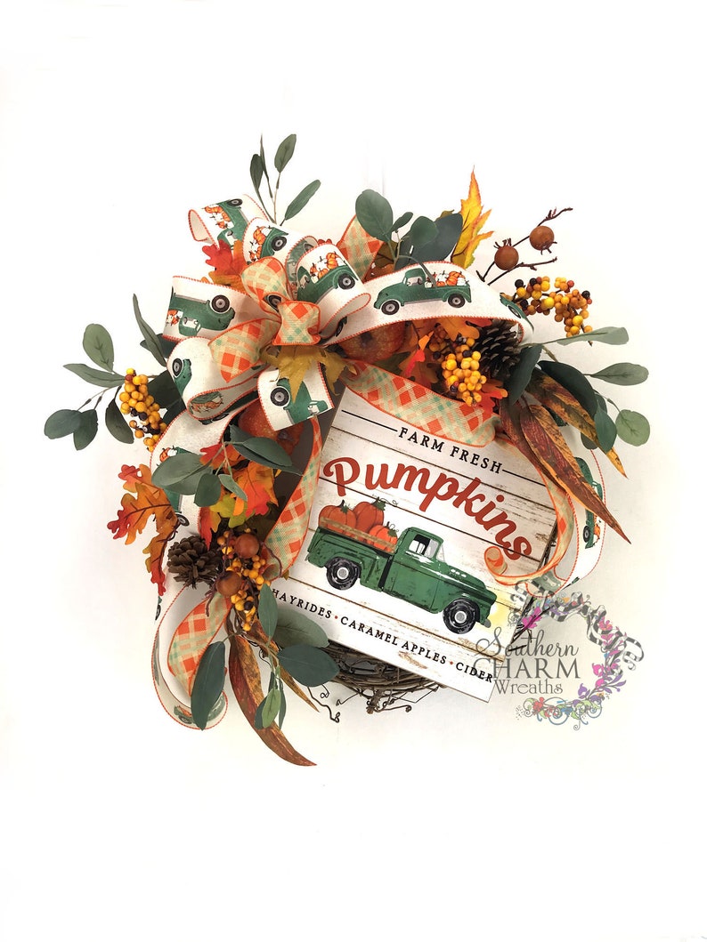 Leaf Wreath Red Truck D\u00e9cor Rustic Fall Wreath Autumn Home Decor Fall Pumpkin Wreath Vintage Truck Front Door Farmhouse Door
