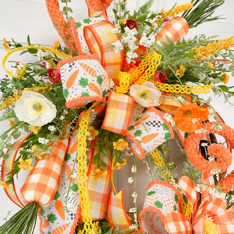 Easter Carrot Wreath for Front Door or Home, Orange Yellow Buffalo Plaid Floral Grapevine image 2