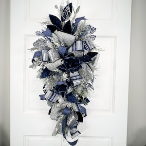 Midnight Navy Blue Gray Silver Velvet Magnolia Christmas Teardrop Swag Wreath for Front Door, Glam Elegant Holiday Hanukkah Wreaths Decor