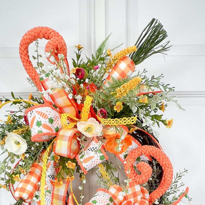Easter Carrot Wreath for Front Door or Home, Orange Yellow Buffalo Plaid Floral Grapevine image 6