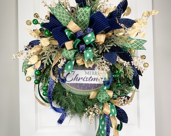 Blue Gold Green Merry Christmas Wreath with Bow, Large Designer Winter Wreath for Front Door, Whimsical Holiday Wreath