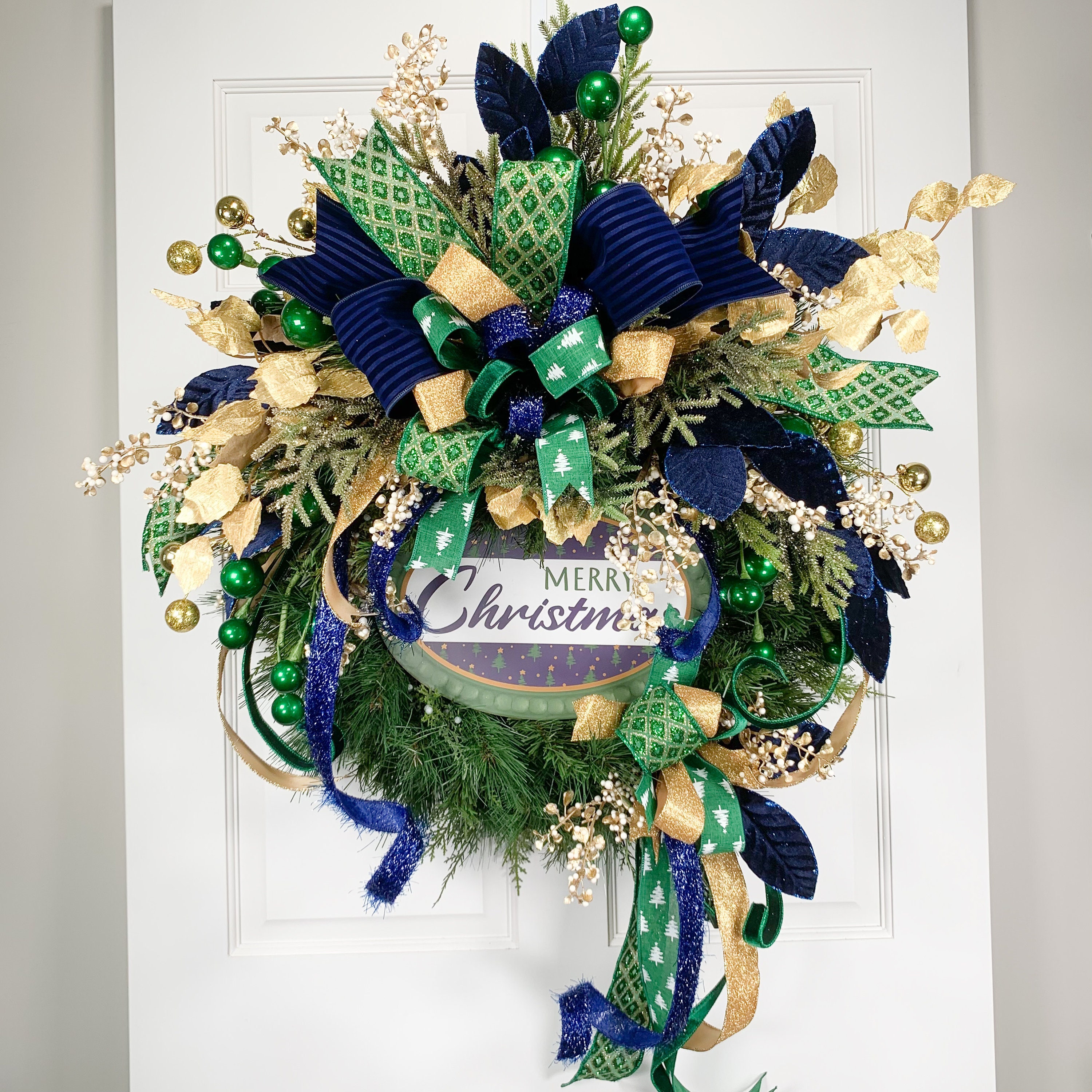 Blue Gold Green Merry Christmas Wreath with Bow, Large Designer Winter Wreath for Front Door, Whimsical Holiday Wreath
