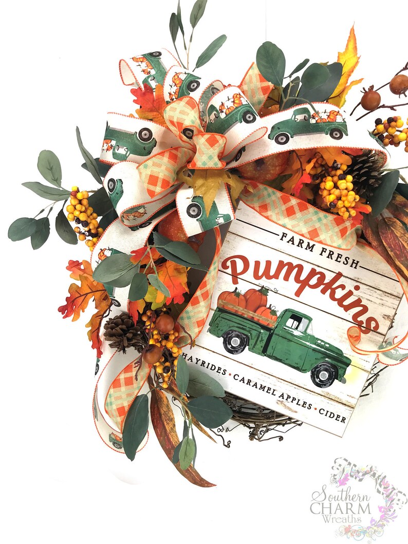 Leaf Wreath Red Truck D\u00e9cor Rustic Fall Wreath Autumn Home Decor Fall Pumpkin Wreath Vintage Truck Front Door Farmhouse Door