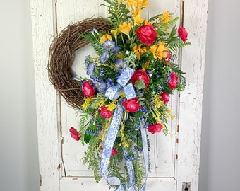 Spring Ranunculus Wreath for Front Door, Designer Wreaths, Spring Home Decor