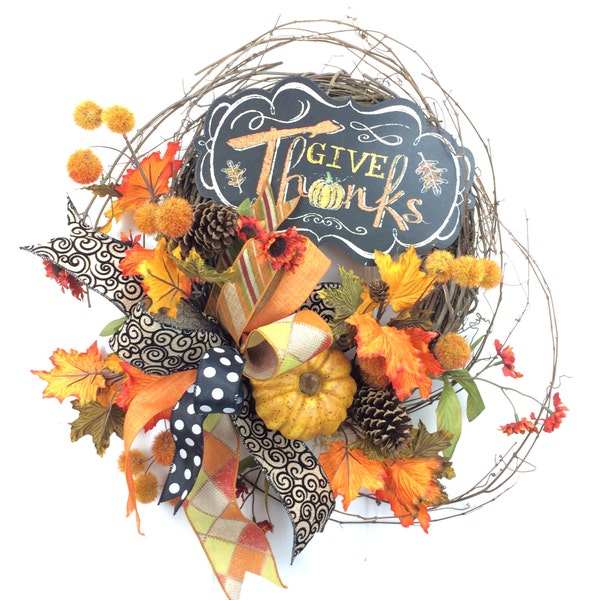 Fall Wreath with Give Thanks sign, Pumpkins and Pine Cones -Autumn Wreath -Pine Cone Wreath -Thanksgiving Decor -Thanksgiving Wreath