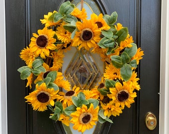 Rustic Country Sunflower Wreath for Autumn Front Door, Yellow Silk Flower Wreath, Fall Porch Wreath, Primitive Sunflower Wreath