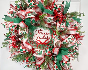 Deco Mesh Merry Christmas Wreath For Front Door, Traditional Holiday Porch Wreath in Green Red, Festive Holiday Decor, Realtors Gift