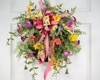 Spring Summer Wildflower Grapevine Wreath with Pink Yellow and Orange Floral Bow for Front Door Decor