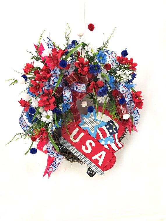 Patriotic Usa Red Truck Wreath 4th Of July Door Wreath Wreaths For Outdoors Welcome Wreath Red White Blue Front Door Wreath