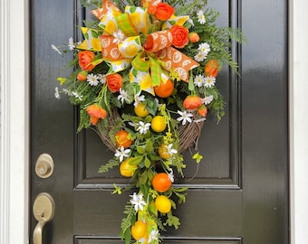 Orange Fruit Wreath for Front Door, Citrus Wreath, Summer Wreath with Lemons, Front Porch or Kitchen Wreath