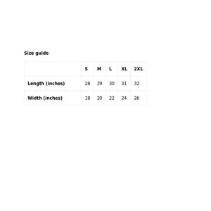 Peut inclure: Guide des tailles pour un v&ecirc;tement avec des mesures en pouces pour la longueur et la largeur. Les tailles comprennent S, M, L, XL et 2XL.