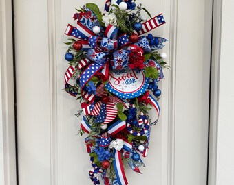 Whimsical Patriotic Swag Wreath with Red White and Blue Ribbon Bows, Americana Front Door Decor with Home Sweet Home Sign