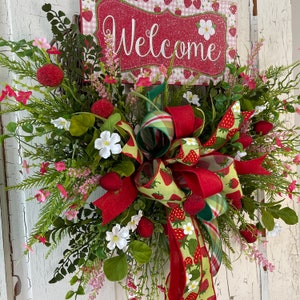 Strawberry Wreath for Front Door, Summer Wreath for Porch, Fruit Wreath, Farmhouse Rustic Country Wreath for Kitchen