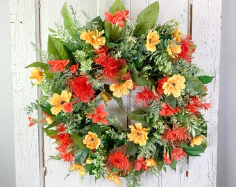 Realistic Vibrant Summer Silk Flower Wreath for Front Door, Designer Summer Grapevine Wreath, Bright Wreath with Bow