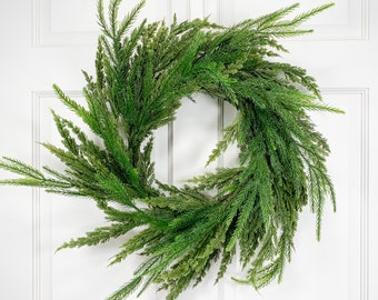 24 Inch Juniper and Needle Pine Greenery Wreath, Simple Wreath for Front Door, Natural Looking Door Wreath