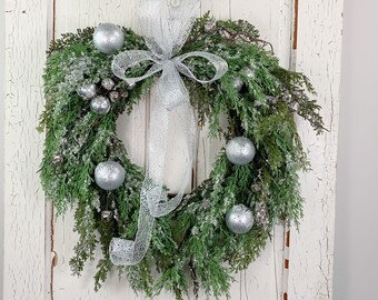 24” Iced Cedar Silver Ornaments and Bells Christmas Wreath for Front Door