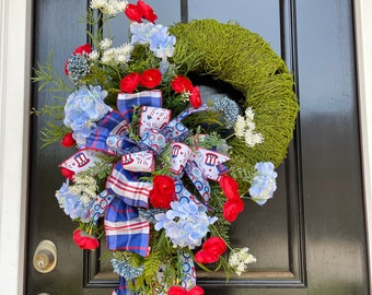 Patriotic Fourth of July Wreath for Front Door | Red White and Blue Summer Moss Wreath