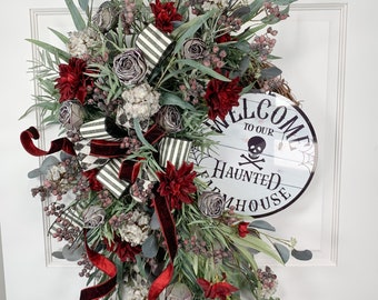 Welcome White Halloween Wreath for Front Door, Haunted Farmhouse Wreath, Elegant Classy Halloween Decor